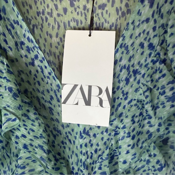 NWT‎ ZARA RUFFLED PRINTED MIDI BLUE GREEN DRESS BLOGGERS SIZE SMALL Cottagecore - Picture 3 of 8